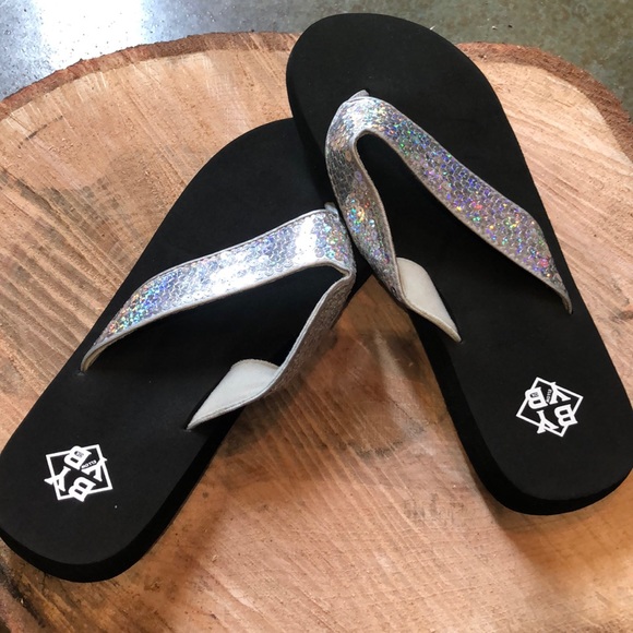 silver yellow box flip flops